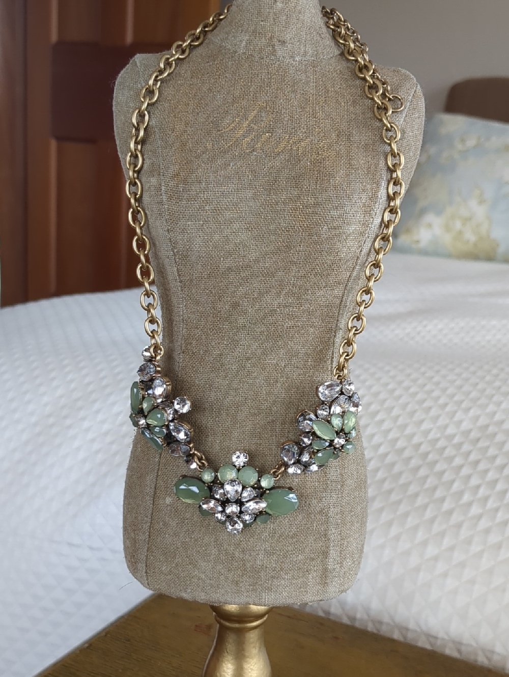 Gold Chain Statement Necklace with Mint Green and Clear Crystals